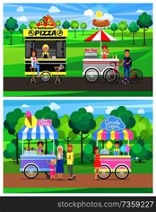 Street food shops with vendors parkland set. Italian pizza, soft hot dogs, cold ice cream and fluffy cotton candy in carts at park vector illustrations.. Street Food Carts with Vendors in Green Park Set