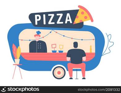 Street food store, pizza fast food isolated. Pizza food cartoon street, urban market shop commercial. Vector illustration. Street food store, pizza fast food isolated