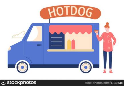 Street food truck, hot dog fast food. Vector street meal, hotdog outdoor, delivery service snack illustration. Street food truck, hot dog fast food