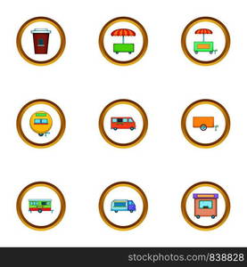 Street food truck icons set. Cartoon style set of 9 street food truck vector icons for web design. Street food truck icons set, cartoon style