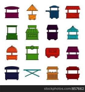 Street food truck icons set. Doodle illustration of vector icons isolated on white background for any web design. Street food truck icons doodle set