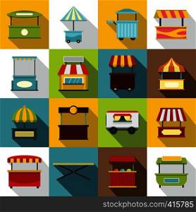 Street food truck icons set. Flat illustration of 16 street food truck vector icons for web. Street food truck icons set, flat style