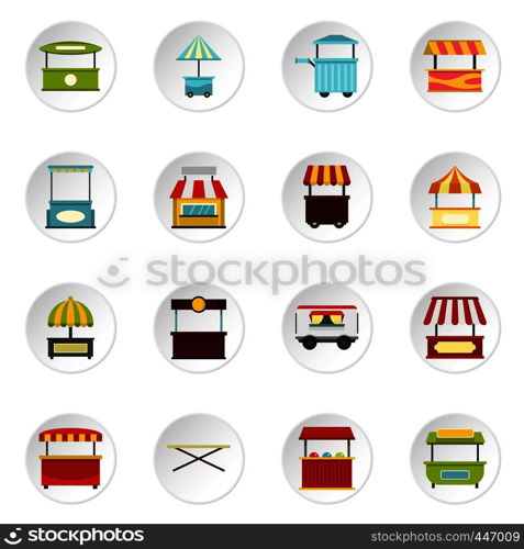 Street food truck icons set in flat style isolated vector icons set illustration. Street food truck icons set in flat style