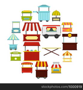 Street food truck icons set in flat style isolated vector illustration. Street food truck icons set in flat style