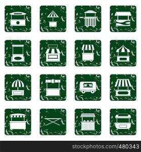 Street food truck icons set in grunge style green isolated vector illustration. Street food truck icons set grunge