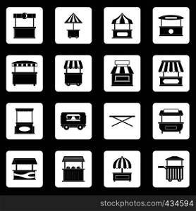 Street food truck icons set in white squares on black background simple style vector illustration. Street food truck icons set squares vector