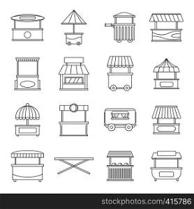 Street food truck icons set. Outline illustration of 16 street food truck vector icons for web. Street food truck icons set, outline style