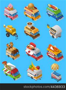 Street Food Trucks Isometric Icons Set. Street food trucks and carts selling sushi hot dogs and drinks isometric icons set abstract isolated vector illustration