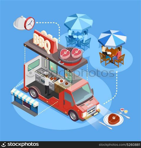 Street Food Trucks Service Isometric Poster. BBQ food truck interior with cooking owner menu and lunching customers isometric circle composition poster vector illustration