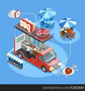 Street Food Trucks Service Isometric Poster. BBQ food truck interior with cooking owner menu and lunching customers isometric circle composition poster vector illustration