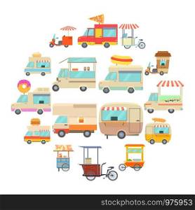 Street food vehicles icons set. Cartoon illustration of 16 street food vehicles vector icons for web. Street food vehicles icons set, cartoon style