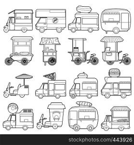 Street food vehicles icons set. Outline illustration of 16 street food vehicles vector icons for web. Street food vehicles icons set, outline style