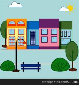 Street house vector illustration. Buildings, trees, bushes, the sun is shining, street lamp, bench and clouds.