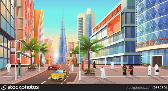 Street in Dubai, cityscape of city in uae. United Arab emirates skyline with skyscrapers and modern luxury sportscars. Citizens and exterior of buildings appartmens of Dubai town, architecture vector. Dubai Street, Cityscape of UAE City Skyline Vector