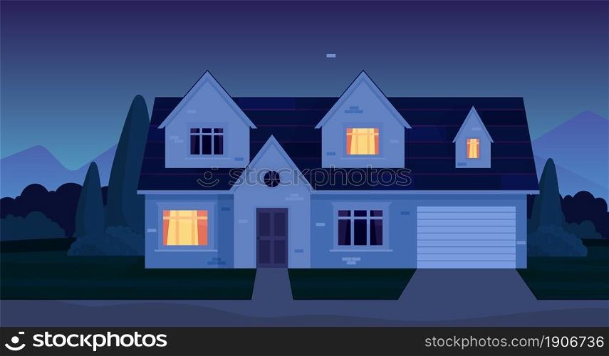 Street in suburb district with residential house at night. cartoon landscape with suburban cottage. City neighborhood with real estate property. Vector illustration in a flat style. Street in suburb district with residential house