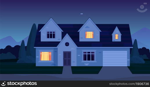 Street in suburb district with residential house at night. cartoon landscape with suburban cottage. City neighborhood with real estate property. Vector illustration in a flat style. Street in suburb district with residential house