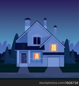 Street in suburb district with residential house at night. cartoon landscape with suburban cottage. City neighborhood with real estate property. Vector illustration in a flat style. Street in suburb district with residential house