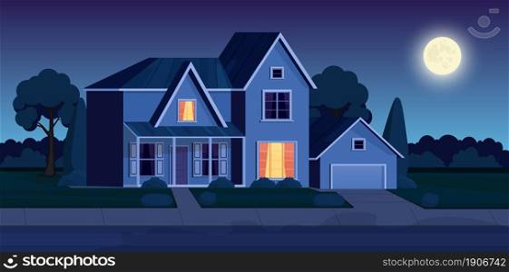 Street in suburb district with residential house at night. cartoon landscape with suburban cottage. City neighborhood with real estate property. Vector illustration in a flat style. Street in suburb district with residential house