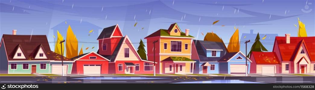 Street in suburb district with residential houses and yellow trees. Vector cartoon autumn landscape with suburban cottages, fall and rain. City neighborhood with real estate property. Autumn street in suburb district with houses