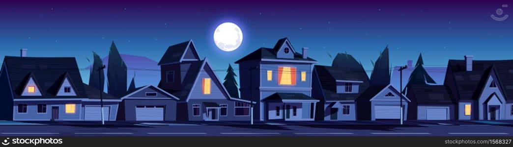 Street in suburb district with residential houses at night. Vector cartoon landscape with suburban cottages, moon and stars in dark sky. City neighborhood with real estate property. Street in suburb district with houses at night