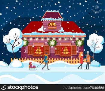 Street in winter city vector. People standing by fence of house decorated for christmas celebration. Snowing weather in evening. Mother walking with kid sitting on sledges. Trees covered with snow. Winter City in Snowfall, People Passing By House