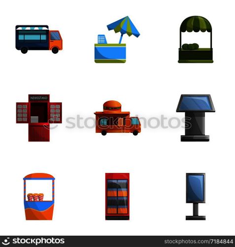 Street kiosk icon set. Cartoon set of 9 street kiosk vector icons for web design isolated on white background. Street kiosk icon set, cartoon style
