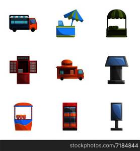 Street kiosk icon set. Cartoon set of 9 street kiosk vector icons for web design isolated on white background. Street kiosk icon set, cartoon style