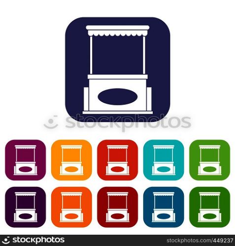 Street kiosk icons set vector illustration in flat style In colors red, blue, green and other. Street kiosk icons set flat