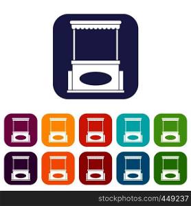 Street kiosk icons set vector illustration in flat style In colors red, blue, green and other. Street kiosk icons set flat