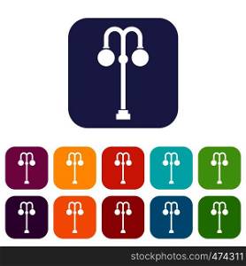 Street lamp icons set vector illustration in flat style In colors red, blue, green and other. Street lamp icons set