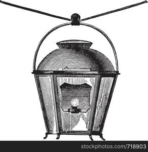 Street lamp oil for lighting the streets, in 1769, vintage engraved illustration. Industrial encyclopedia E.-O. Lami - 1875.