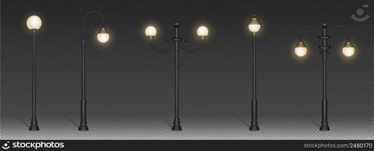Street lamps, vintage lanterns on black post. Vector realistic set of old electric street lights, retro iron lamposts with sphere shade for road sidewalk, city and public park. Street lamps, vintage lanterns on post