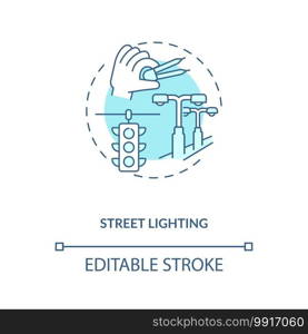 Street lighting blue concept icon. Road illumination. Public service. City infrastructure. Civil engineering idea thin line illustration. Vector isolated outline RGB color drawing. Editable stroke. Street lighting blue concept icon