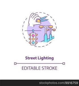 Street lighting concept icon. Road illumination. Public service. City infrastructure. Civil engineering idea thin line illustration. Vector isolated outline RGB color drawing. Editable stroke. Street lighting concept icon