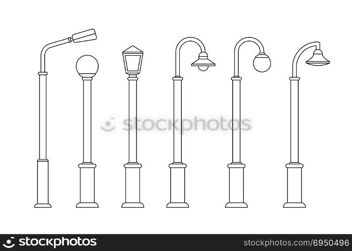 Street lighting line icons. Lampposts and outdoor lighting for urban design.