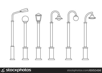 Street lighting line icons. Lampposts and outdoor lighting for urban design.