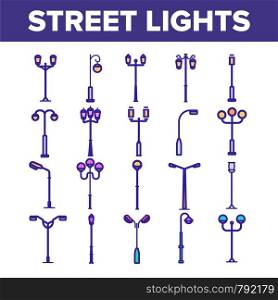 Street Lights Linear Vector Icons Set. Streetlights Thin Line Contour Symbols Pack. City Illumination Pictograms Collection. Old Fashioned Lantern, Lamp. Electricity Equipment Outline Illustrations. Street Lights Linear Vector Thin Icons Set