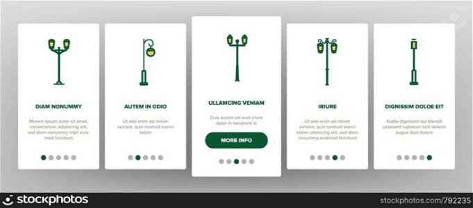 Street Lights Linear Vector Onboarding Mobile App Page Screen. Streetlights Thin Line Contour Symbols Pack. City Illumination. Old Fashioned Lantern, Lamp. Electricity Equipment Illustrations. Street Lights Linear Vector Onboarding