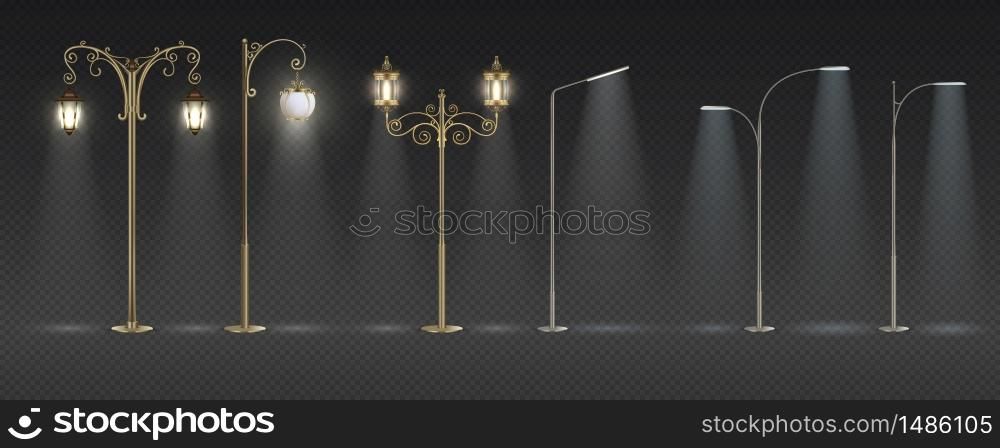 Street lights. Row of realistic city lanterns on pole, set of vintage and modern streetlights. Vector set illustration of urban road and highway 3D architecture lamps. Street lights. Row of realistic city lanterns on pole, set of vintage and modern streetlights. Vector set of urban road and highway 3D lamps