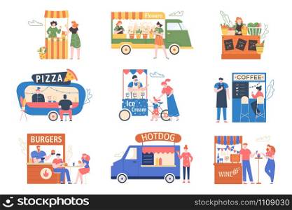 Street market. Outdoor counter fair, tents with food, products, coffee and flowers. Characters buy and sell at the street fair, market street vector illustration set. Pizza, hotdog, burger. Wine kiosk. Street market. Outdoor counter fair, tents with food, products, coffee and flowers. Characters buy and sell at the street fair, market street vector illustration set. Fast food kiosks, ice cream cart