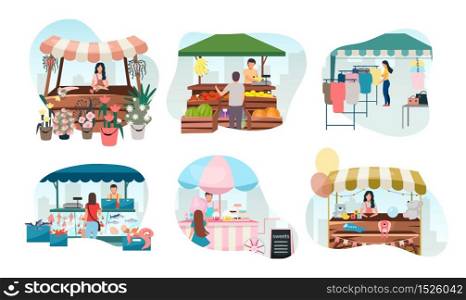 Street market stalls flat vector illustrations set. Fair, funfair trade tents, outdoor kiosks and carts with sellers. Shopping places cartoon concept. Summer festival market counters for selling goods