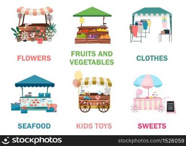 Street market stalls flat vector illustrations set. Fair, funfair trade tents, outdoor kiosks and carts, trolleys. Urban festival shopping places cartoon concepts. Summer market counters for goods