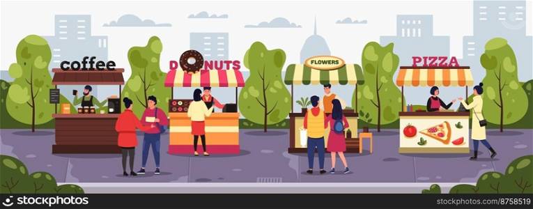 Street market. Vendors with vegetable fruit kiosk selling fresh food, people purchase natural organic products from stall cartoon style. Vector flat illustration. Women buying donuts and pizza. Street market. Vendors with vegetable fruit kiosk selling fresh food, people purchase natural organic products from stall cartoon style. Vector flat illustration
