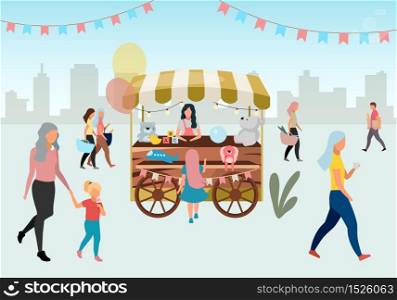 Street market wooden cart with toys flat illustration. Retro circus fair store stall on wheels. Trade trolley with craft toys. People walk summer festival, carnival outdoor shops cartoon characters