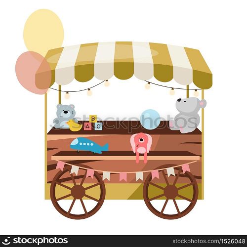 Street market wooden cart with toys flat vector illustration. Retro fair, funfair store stall on wheels. Trade trolley selling craft toys cartoon concept. Summer festival, carnival outdoor shop