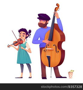 Street musician band people vector illustration. Happy man playing contrabass with violin girl earn money on concert or festival. Player group live performance isolated character design clipart. Street musician band people vector illustration