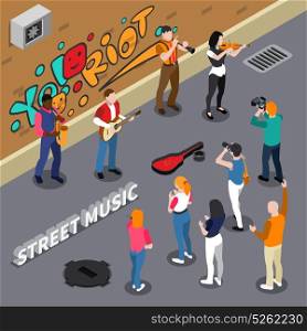 Street Musicians Isometric Illustration. Street musicians playing on instruments on background of wall with graffiti, spectators on walkway isometric vector illustration