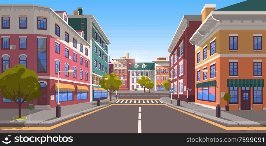 Street of town vector, city with path and roads, pedestrian crossings and zebra, trees and plants on street decorating exteriors of houses cityscape. Empty downtown road. Street of Modern Empty City with Zebra Crossing