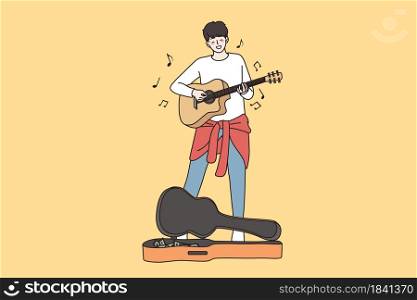 Street performance and begging concept. Young happy male guitarist cartoon character standing busking by playing guitar in city singing song vector illustration . Street performance and begging concept