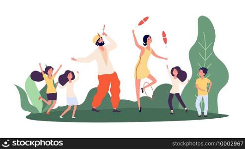 Street performers. Children and circus performers. Happy girls boys, sword-swallower and juggler characters. Street show vector illustration. Performer fun, entertainment carnival, performance play. Street performers. Children and circus performers. Happy girls boys, sword-swallower and juggler characters. Street show vector illustration